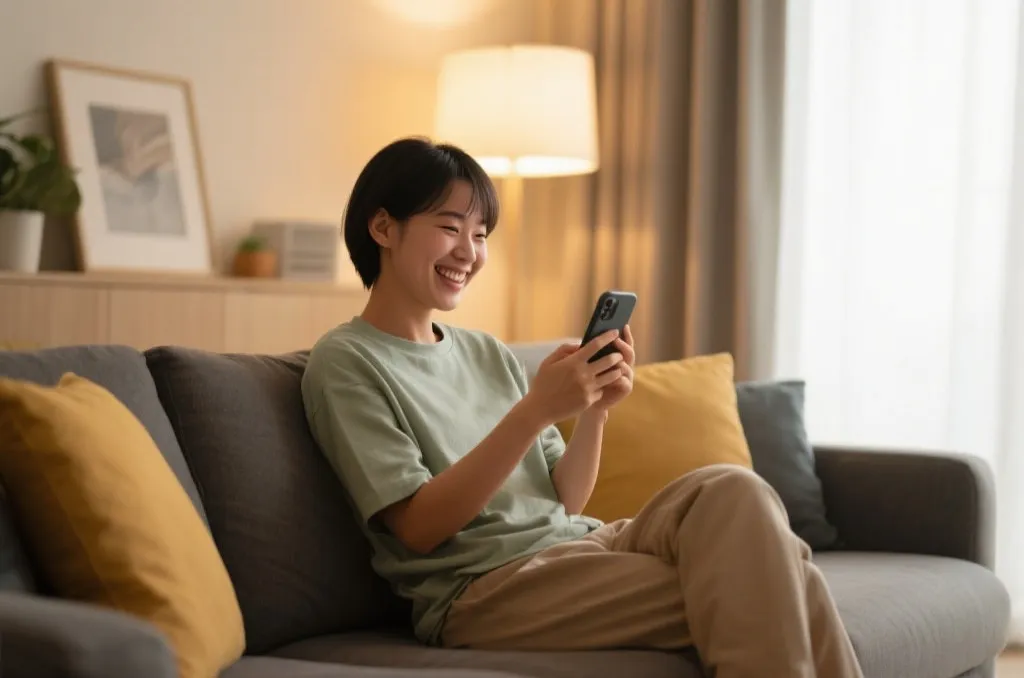一位球迷在客厅里看着手机上的进球通知露出喜悦的笑容